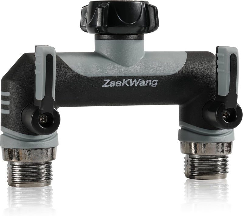 ZaakWang Full Flow Heavy Duty Two - Way Hose Splitter, Rugged Garden Faucet Adapter, Spout Diverter T - Way Adapter with Extended Handle, 3/4” GHT Thread, Grey - Image 1
